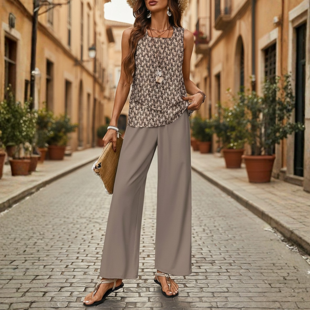 Complete Two-Piece Layered Sleeveless Top Wide Leg Pants for Women