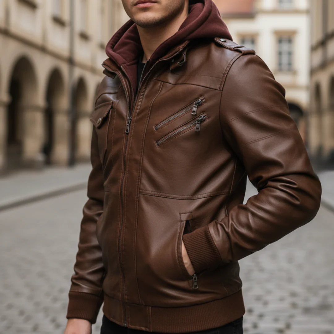 Men's Synthetic Leather Jacket with Hood