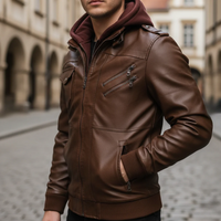 Men's Synthetic Leather Jacket with Hood