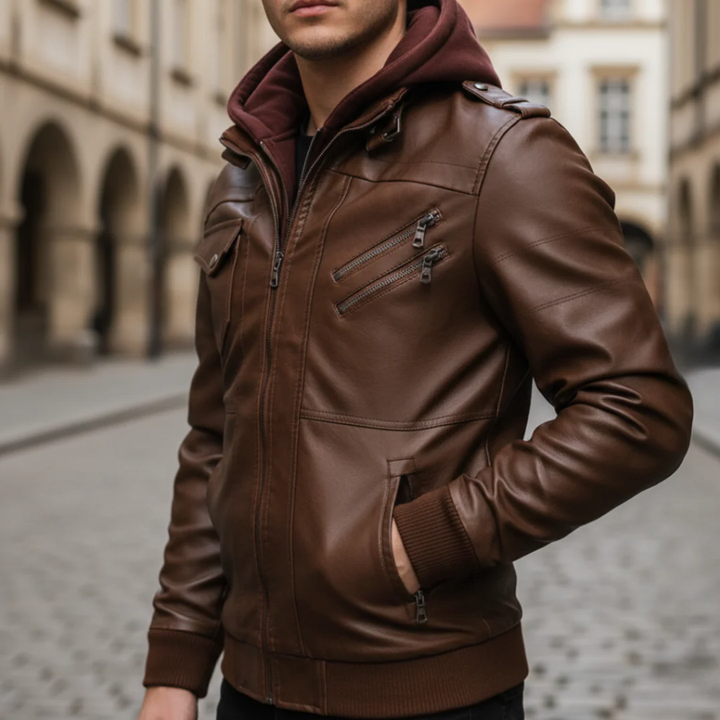 Men's Synthetic Leather Jacket with Hood