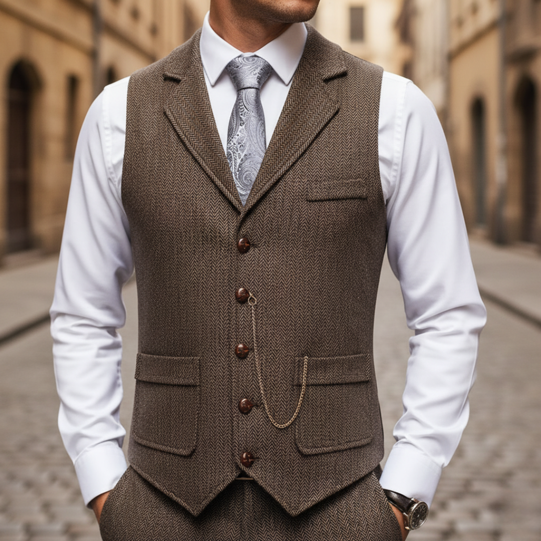 Men's Slim Fit Houndstooth Tweed Vest with Lapels and Buttons