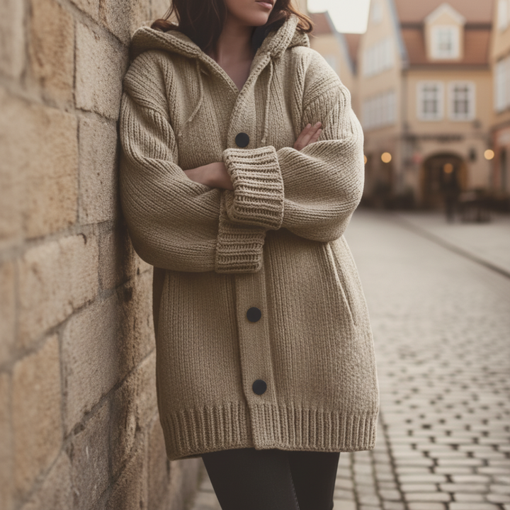 Cardigan oversize da donna con cappuccio in fibre miste