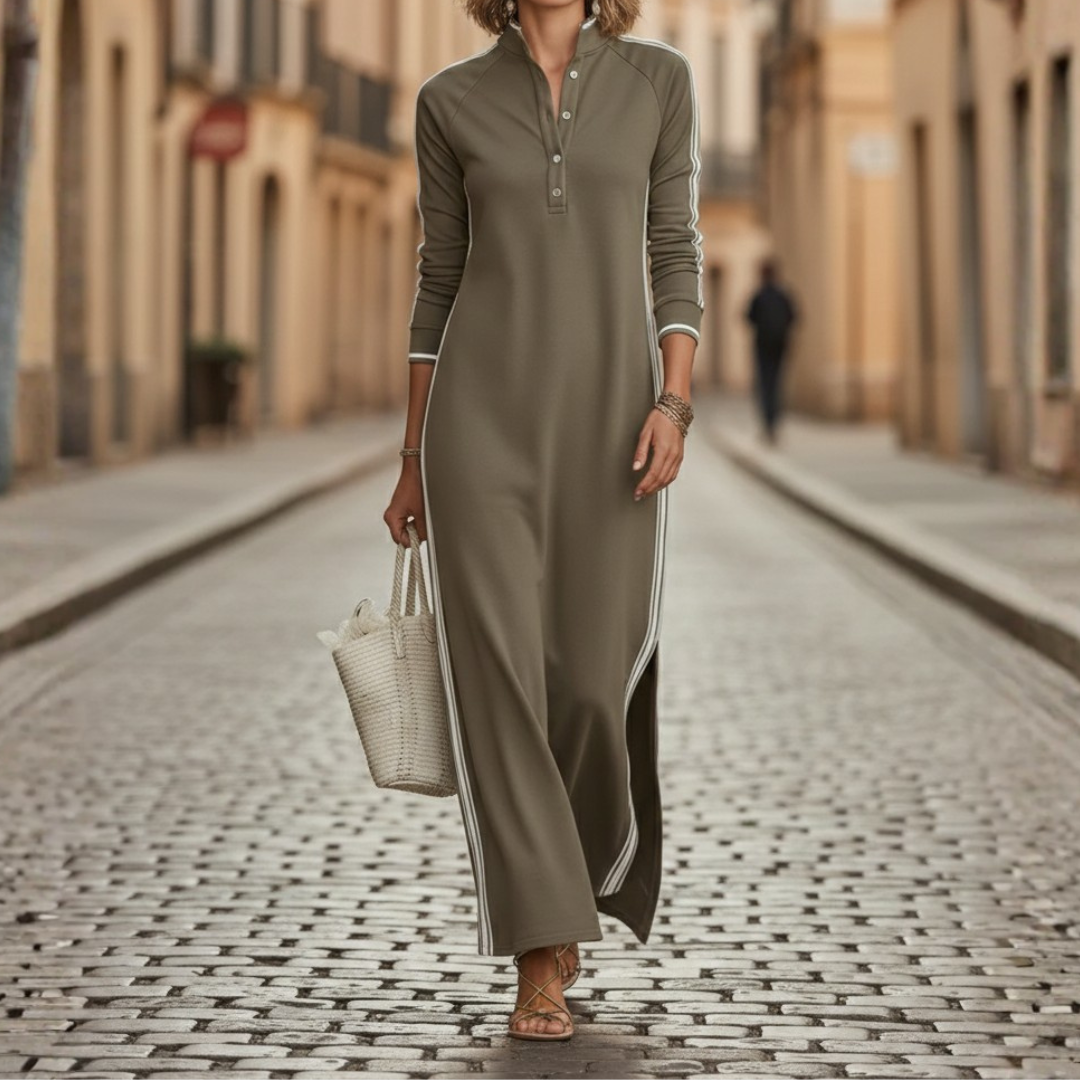 Maxi Dress for Women with Buttons and White Accents