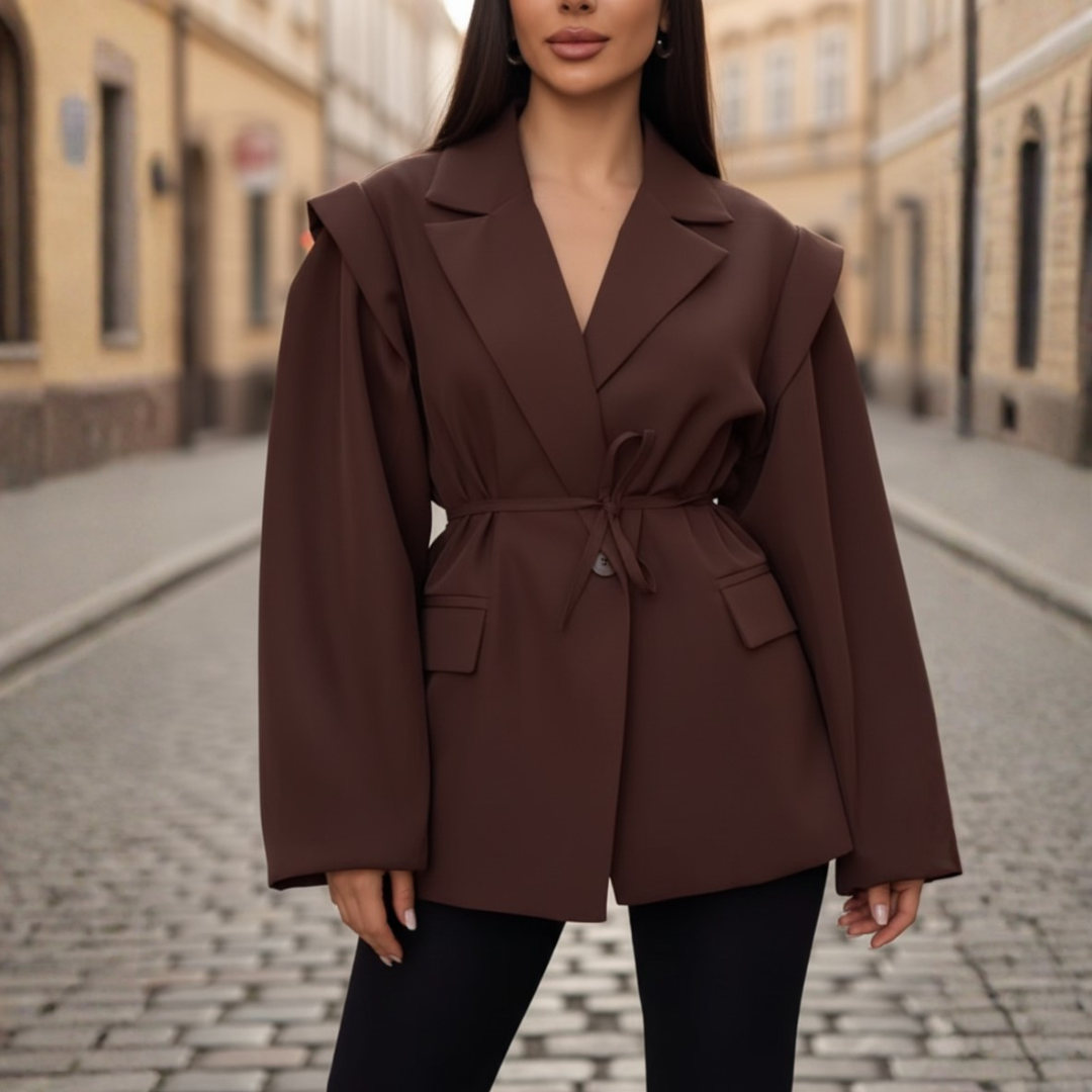 Women's Blazer Jacket with Belt and Structured Shoulders