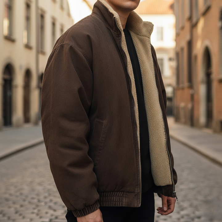 Men's Lined Bomber Jacket in Mixed Fabric with Full Zip