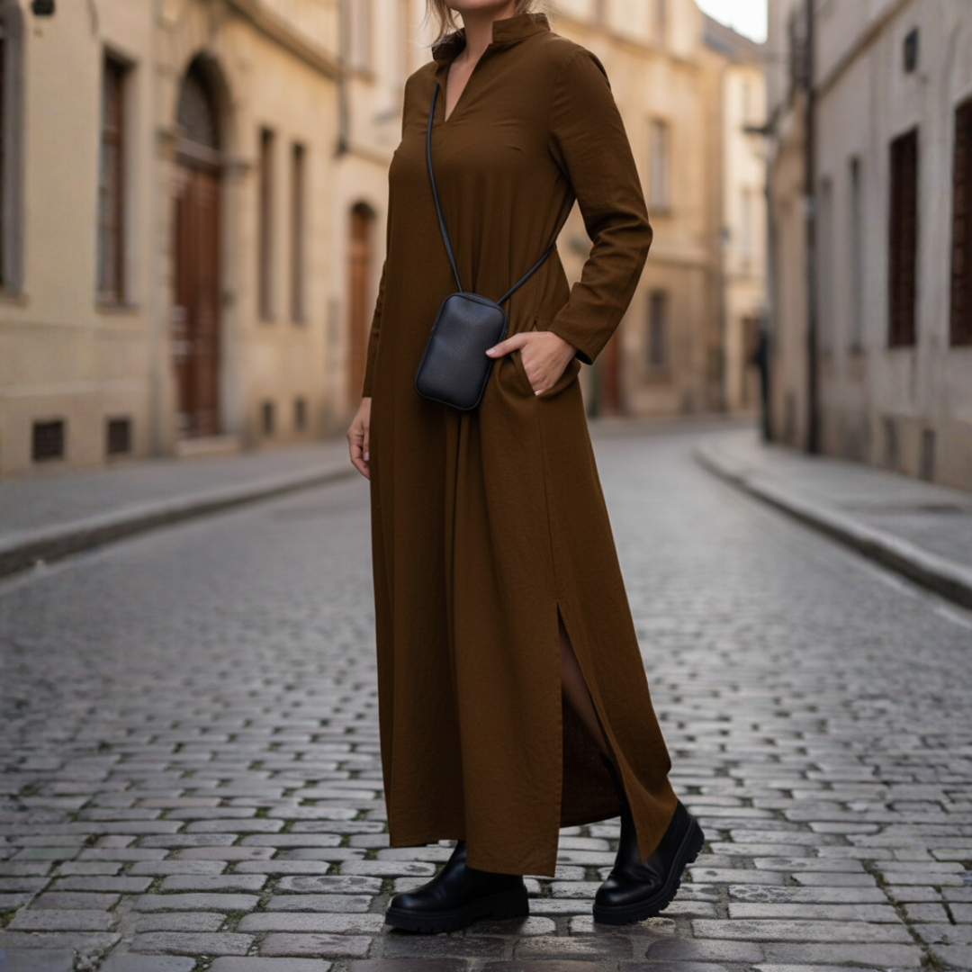 Long Women's Dress with High Collar and Pockets