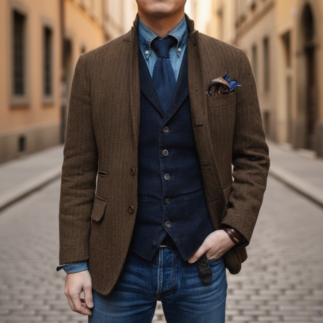 Men's Korean Collar Blazer in Mixed Fabric