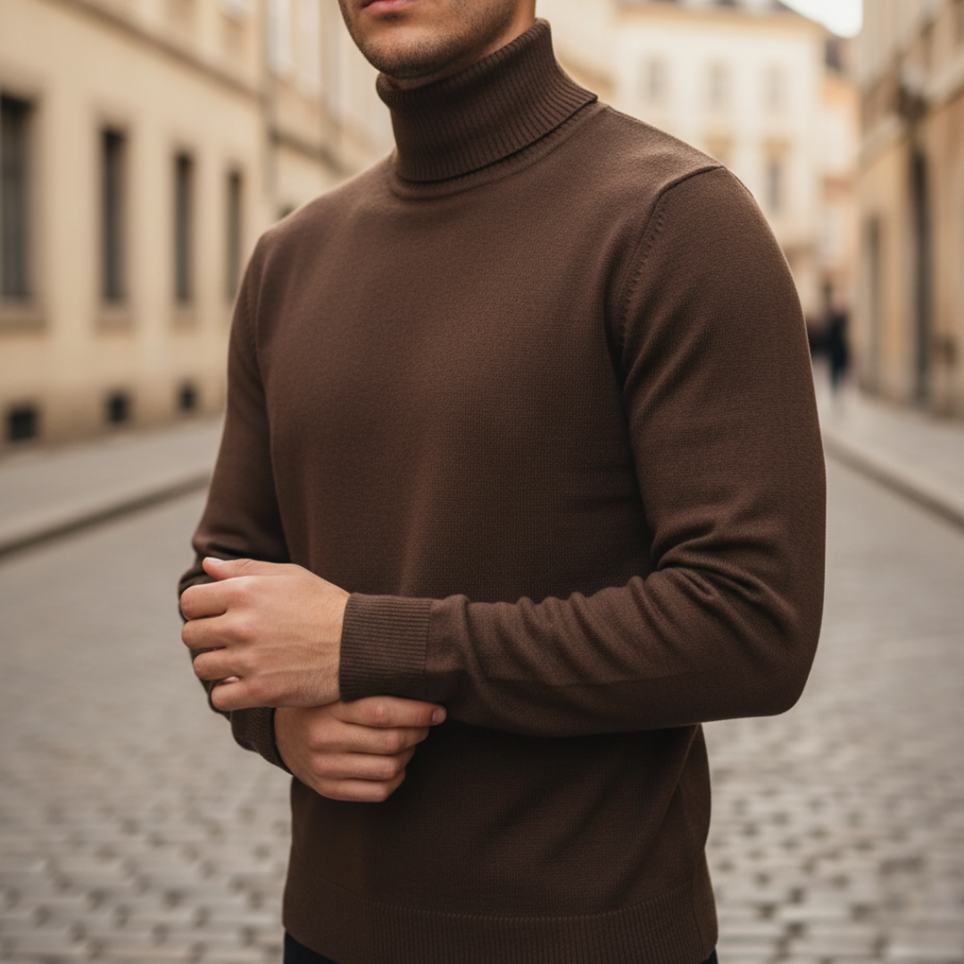 Men's High Neck Sweater in Mixed Material with Long Sleeves