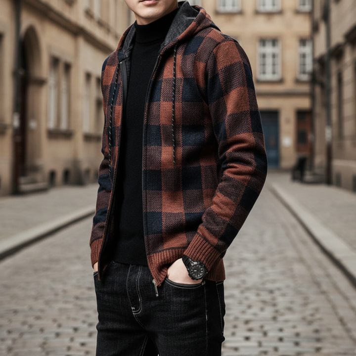 Men's Hooded Checkered Cardigan – Winter Jacket
