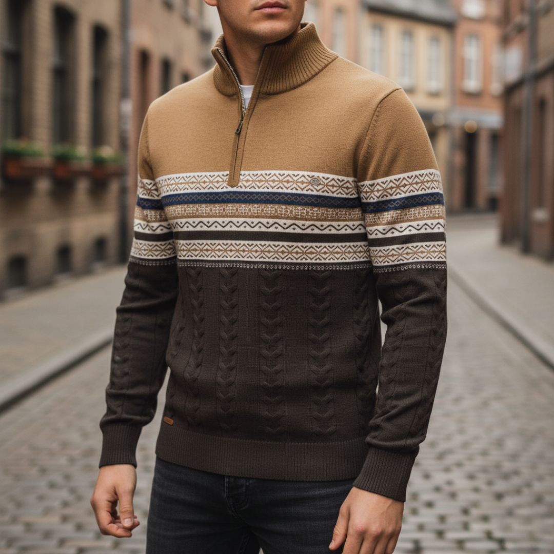 Men's Half Zip Sweater in Mixed Fabric Pattern