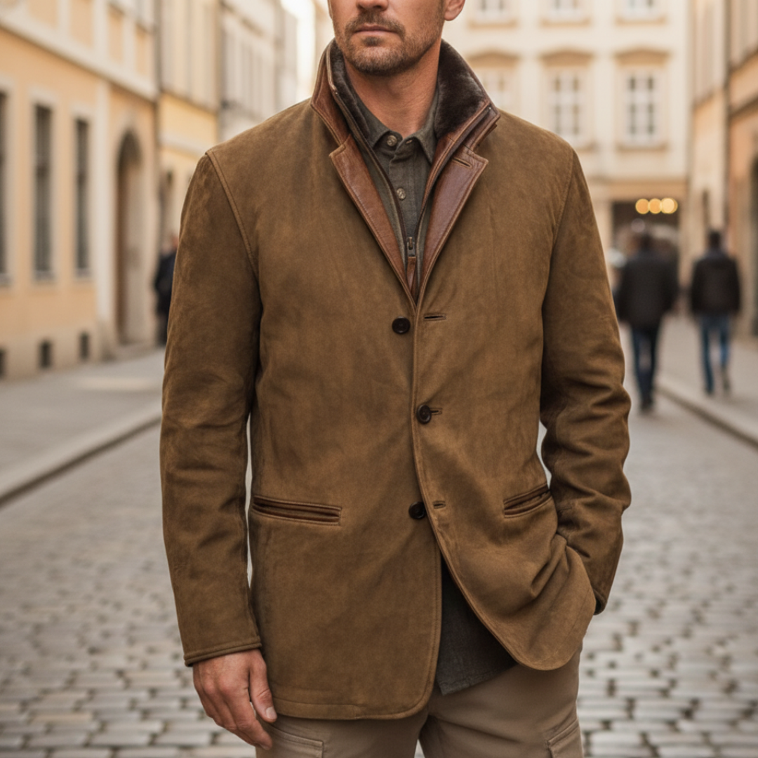 Men's Winter Jacket in Suede with Faux Leather Collar