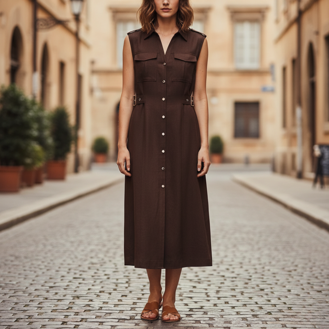 Women's Midi Shirt Dress in Sleeveless Linen with Utility Style Buttons