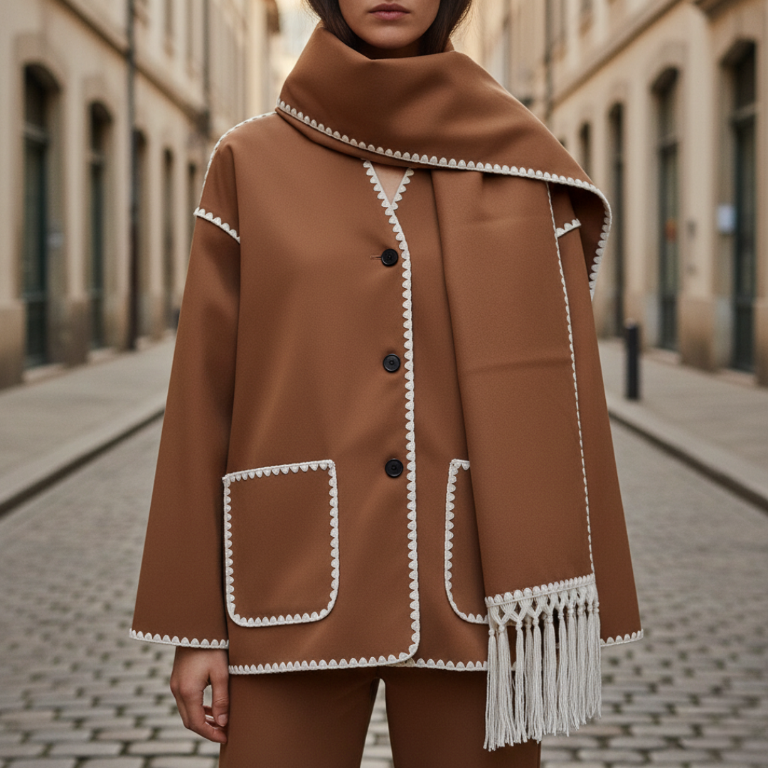 Women's Soft Blend Jacket with Embroidery and Scarf