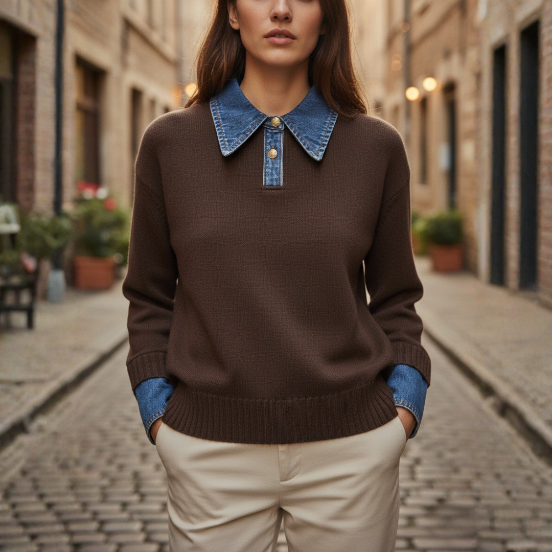 Women's Sweater with Denim Collar