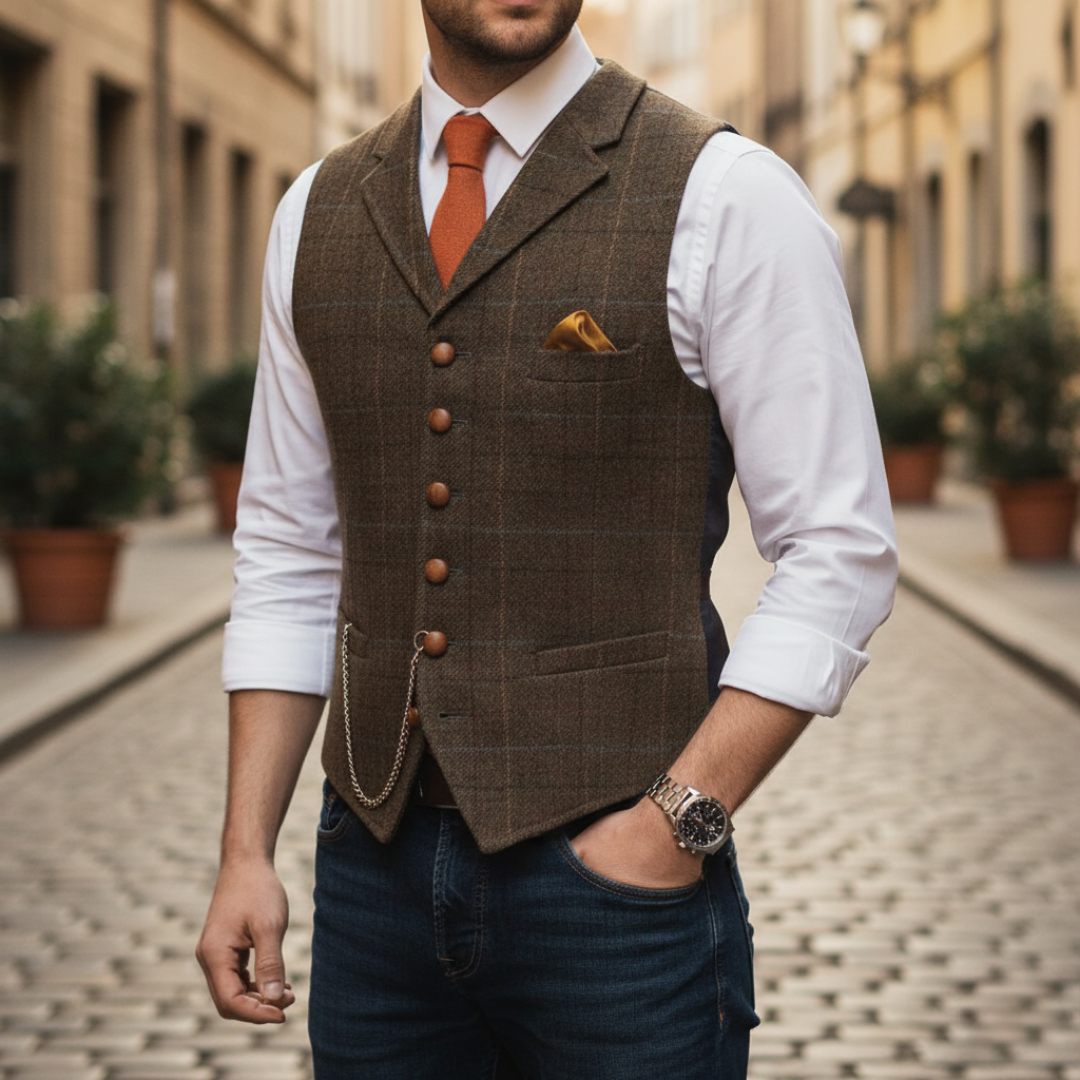 Elegant Men's Single-Breasted Check Waistcoat