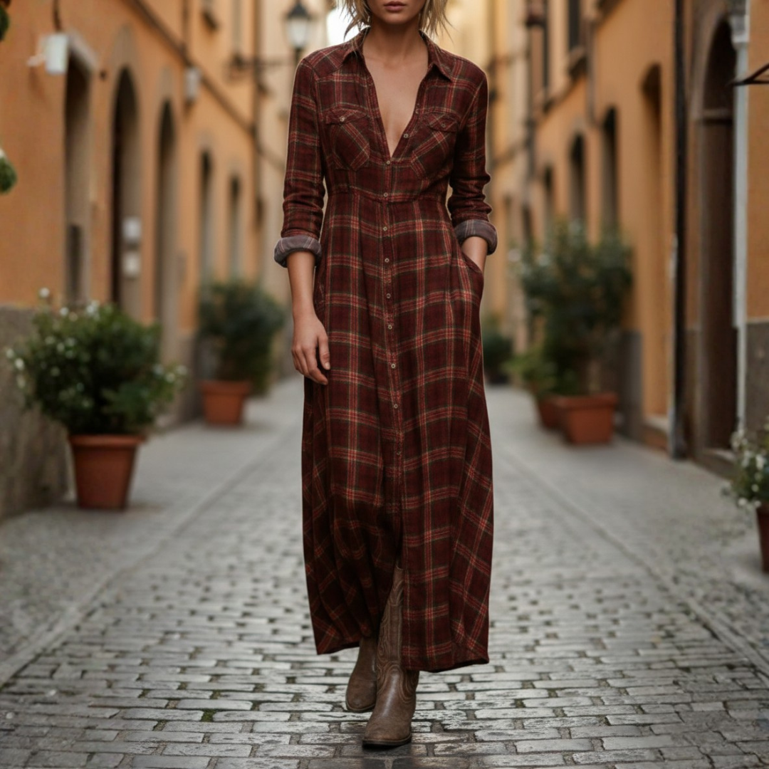 Women's Maxi Plaid Dress with Buttons and Long Sleeves