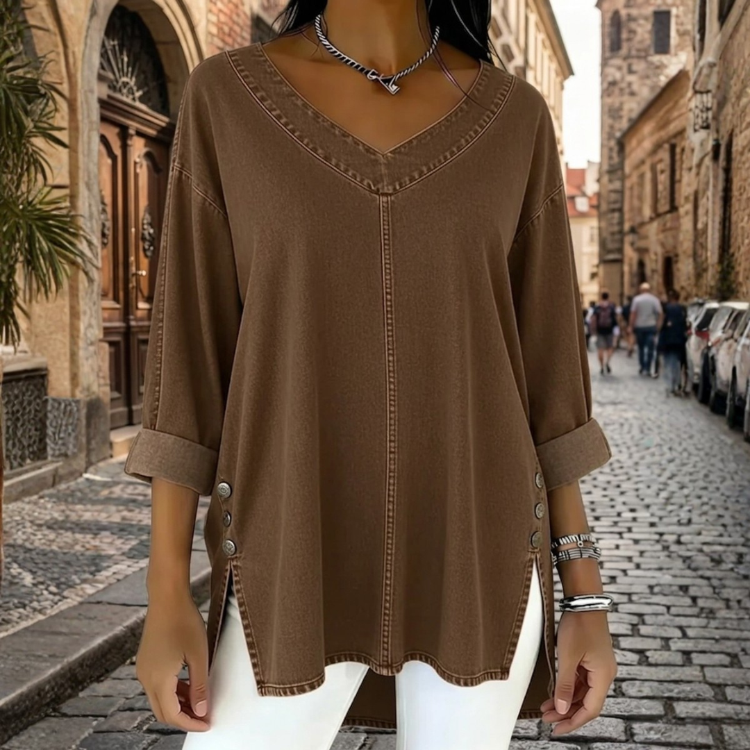 Women's Tunic Soft Fit V-Neck Side Split Three-Quarter Sleeve