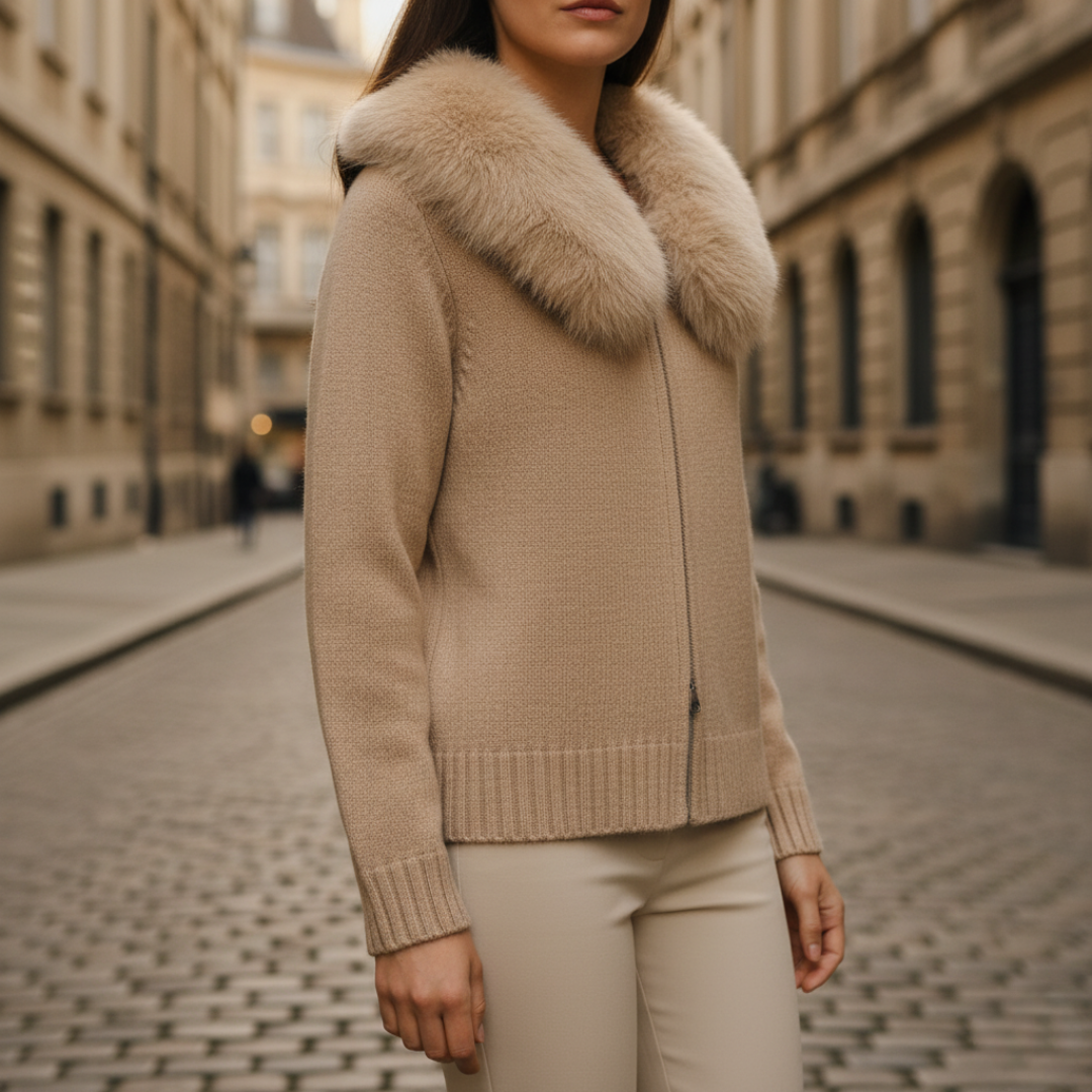 Women's Mixed Fabric Jacket with Synthetic Fur Collar