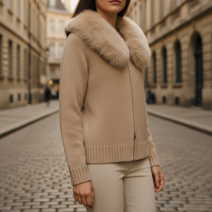 Women's Mixed Fabric Jacket with Synthetic Fur Collar