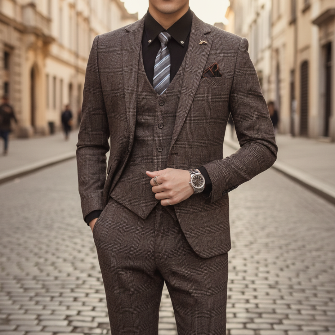 Men's 3-Piece Checkered Fabric Suit