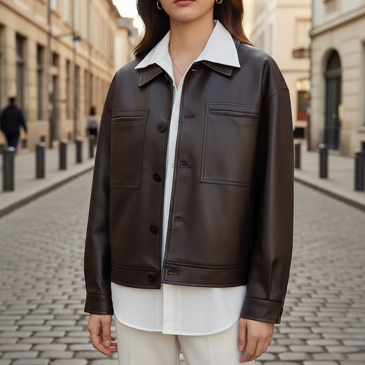 Women's Synthetic Leather Jacket with Buttons