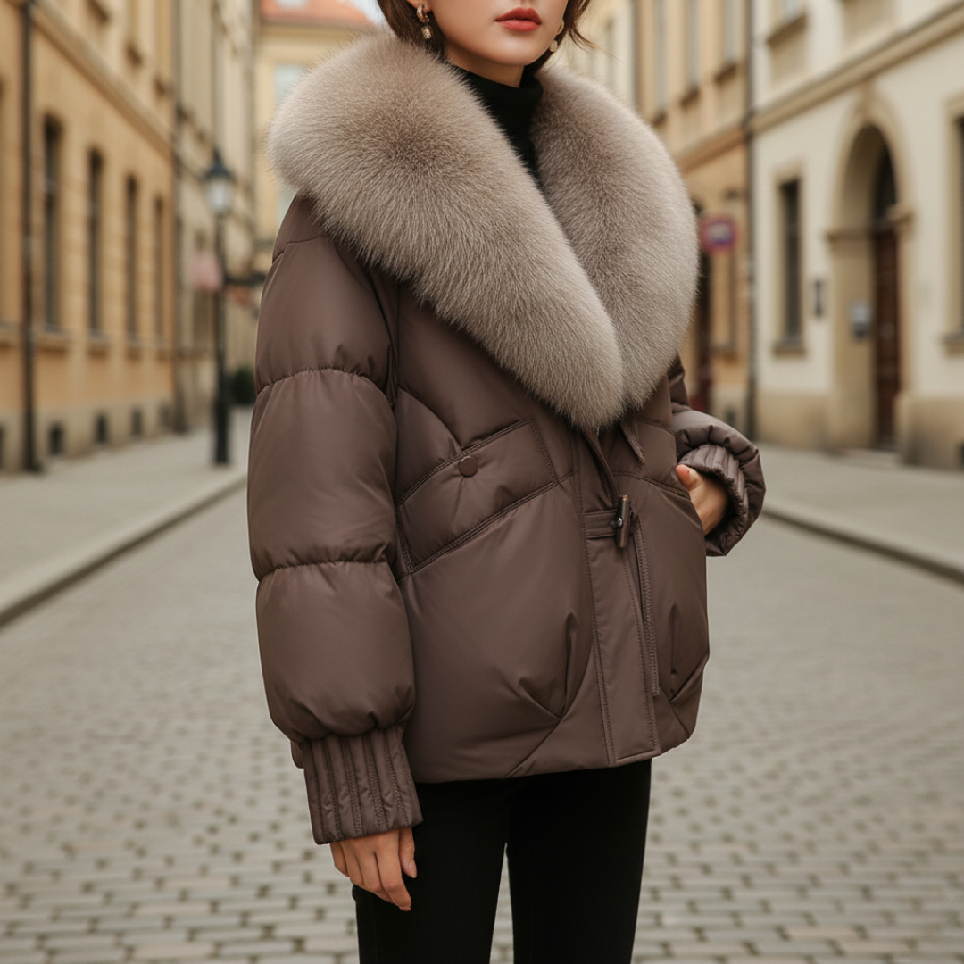 Short Winter Women's Puffer Jacket with Faux Fur Collar