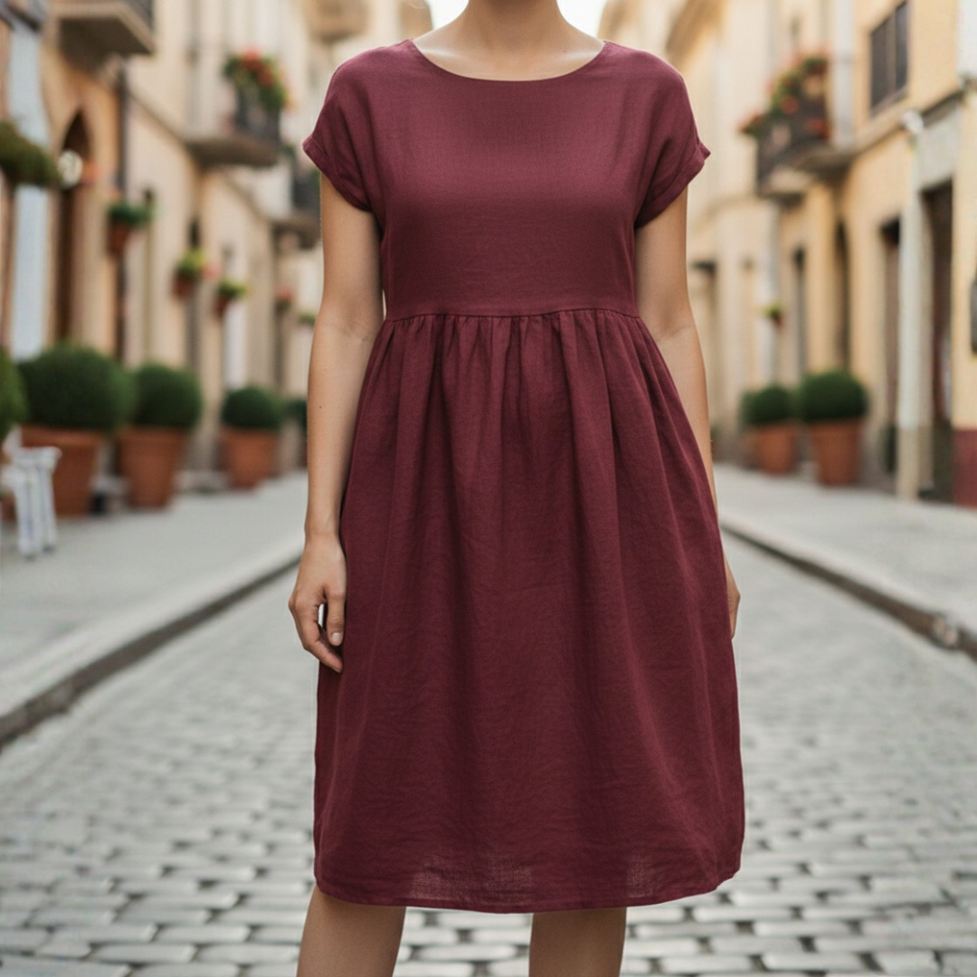 Beige Midi Ruffle Dress with Short Sleeves for Women