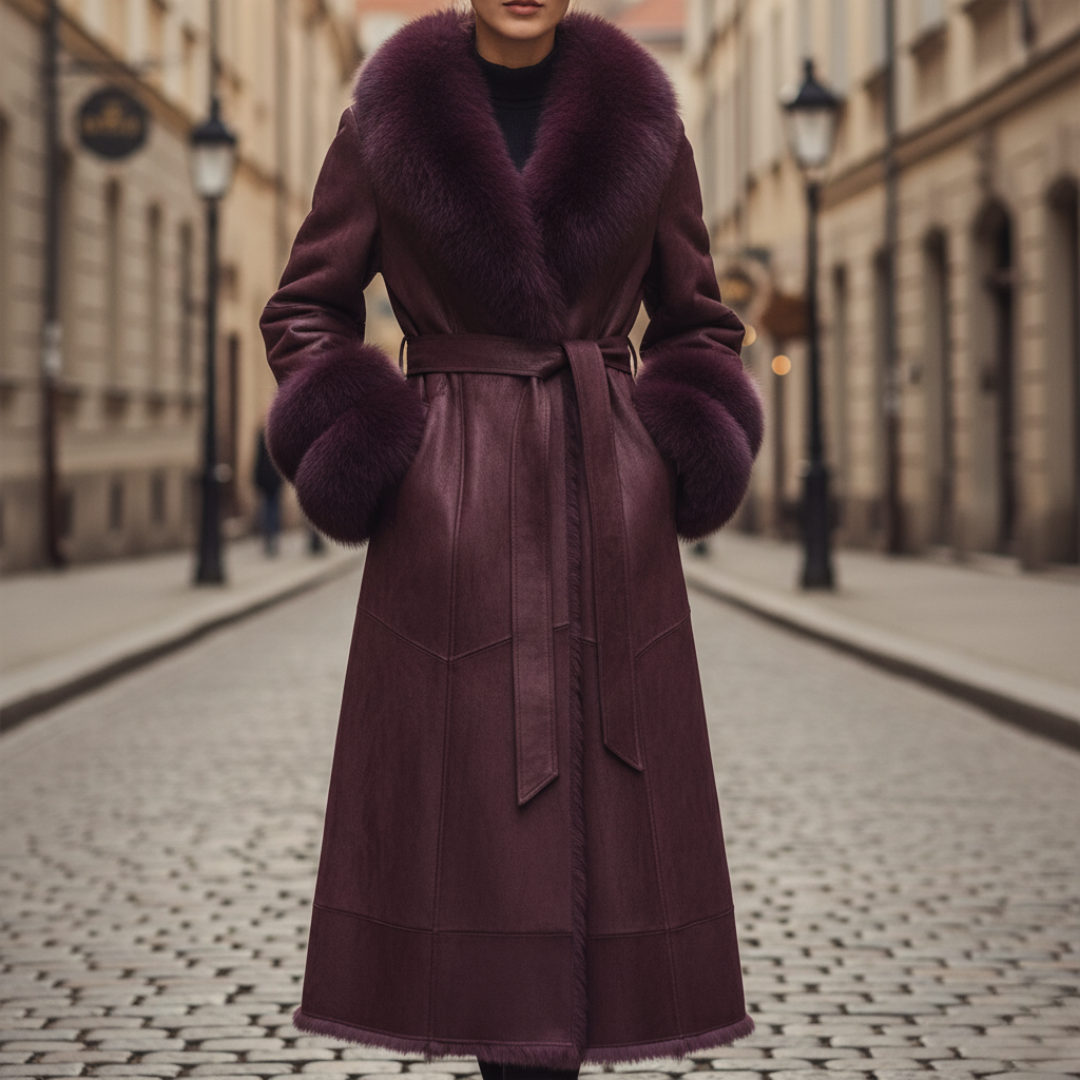 Long Women's Synthetic Leather Coat with Fur Collar