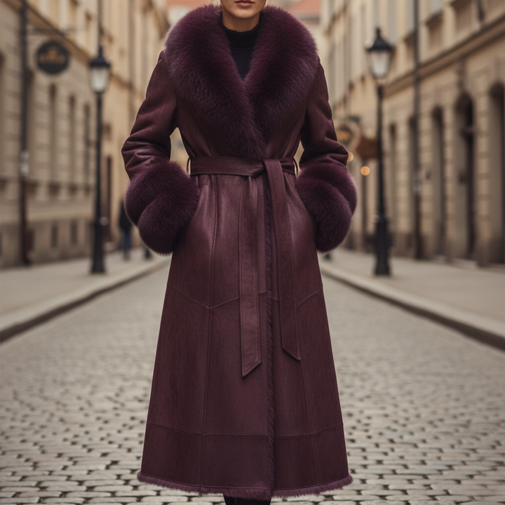 Cappotto lungo da donna in pelle sintetica con colletto in pelliccia