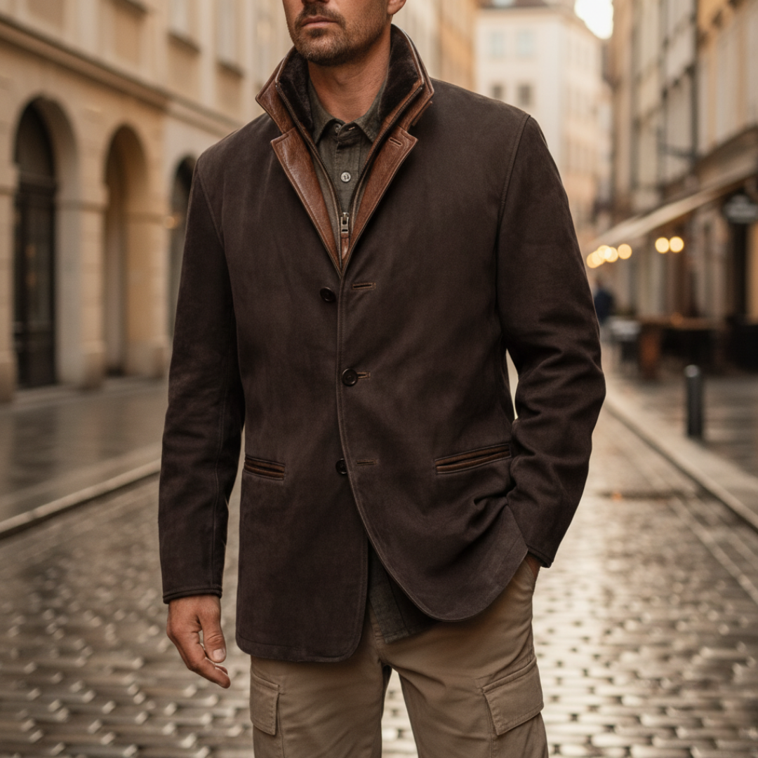 Men's Winter Jacket in Suede with Faux Leather Collar
