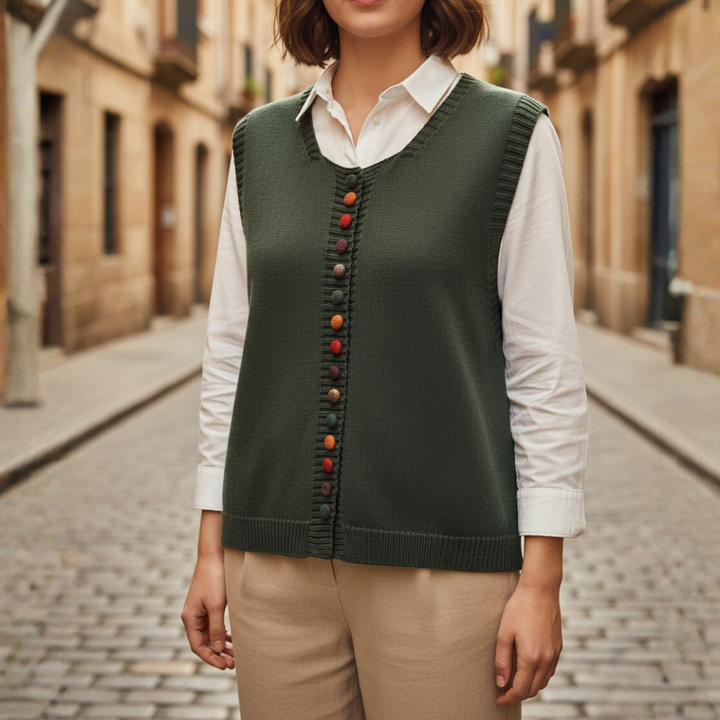 Gilet da donna a maglia in acrilico e lana con bottoni colorati