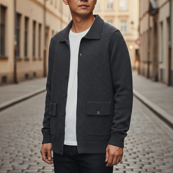 Long Sleeve Cashmere Cardigan with Buttons and Pockets for Men
