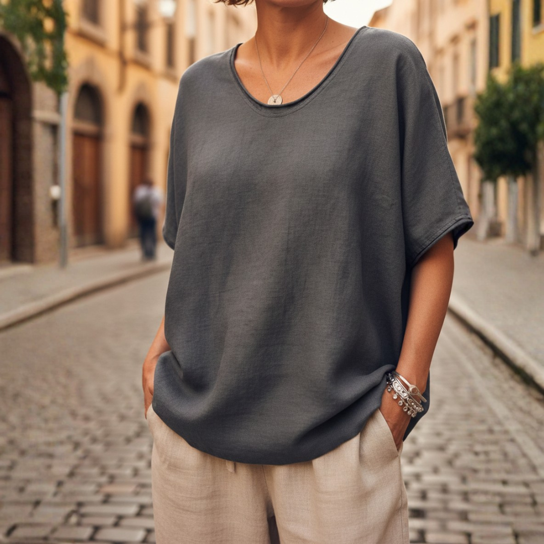 Short Sleeve Blouse with Round Neck Solid Color for Women