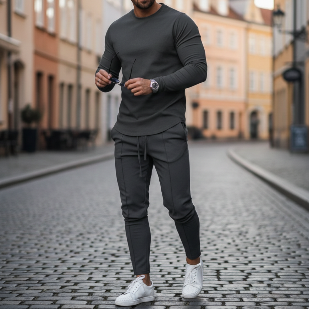 Men's Knit Coordinated Set with Slim Pants and Crew Neck Sweatshirt