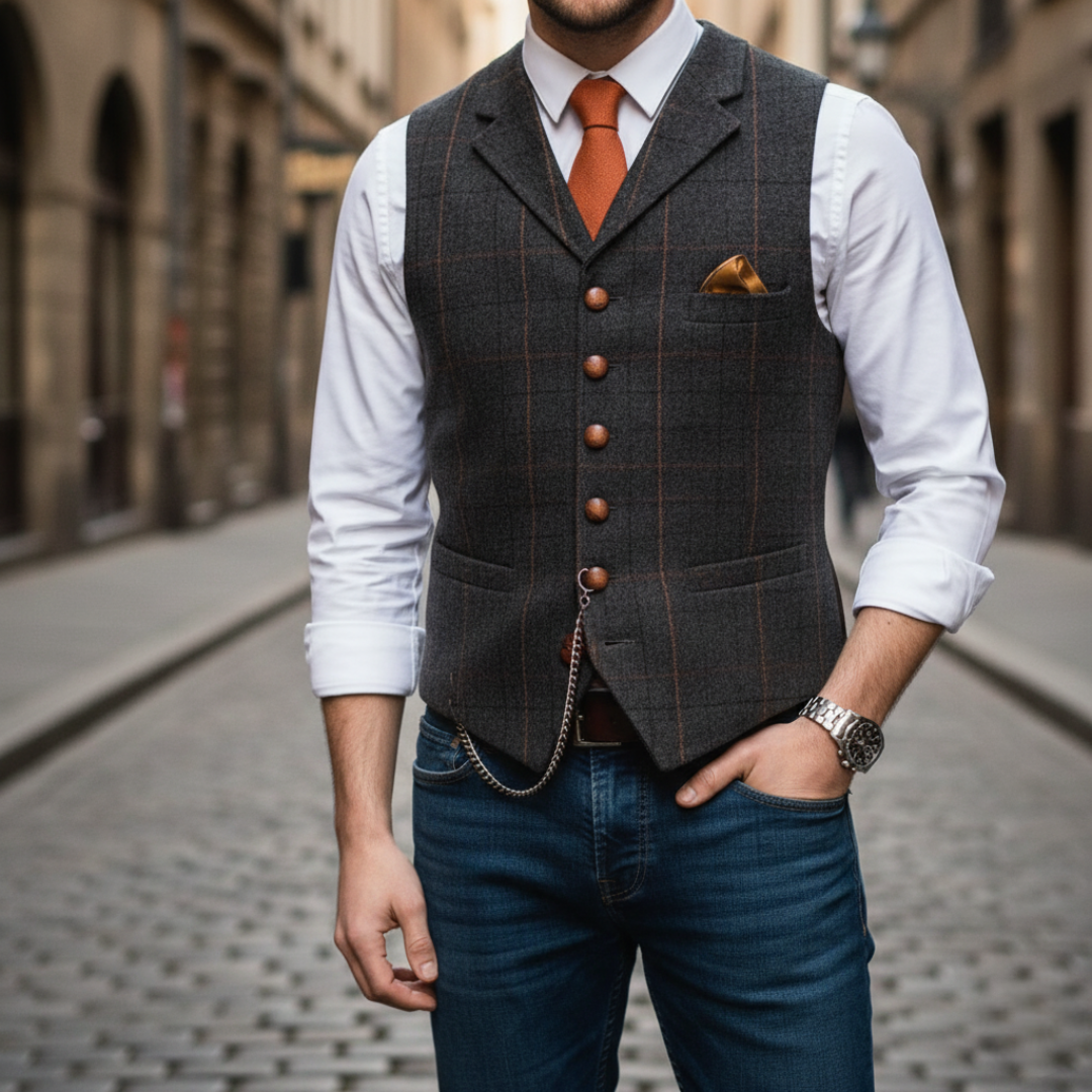 Elegant Men's Single-Breasted Check Waistcoat