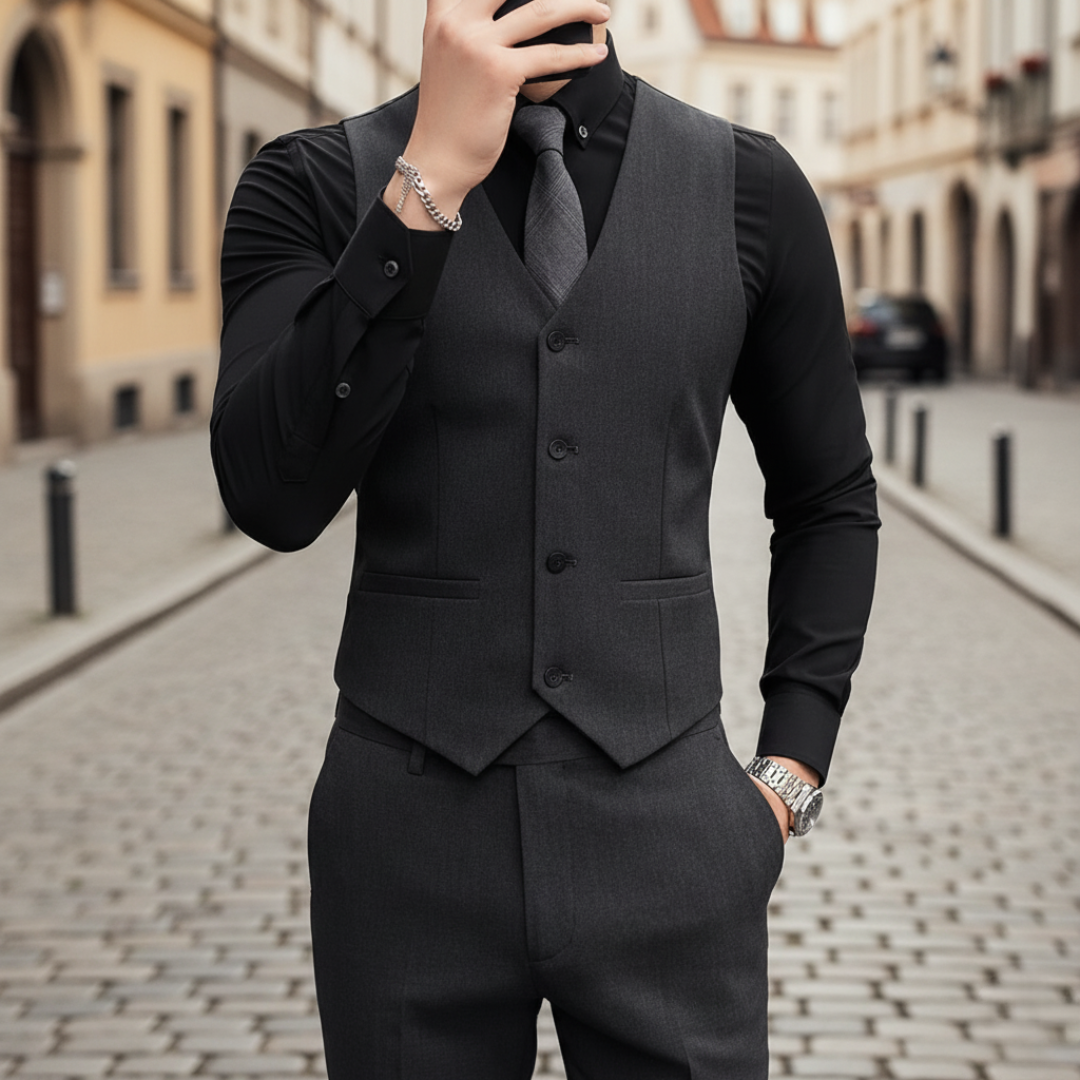 Men's Slim Fit Stretch Fabric Waistcoat with V-Neck and Buttons