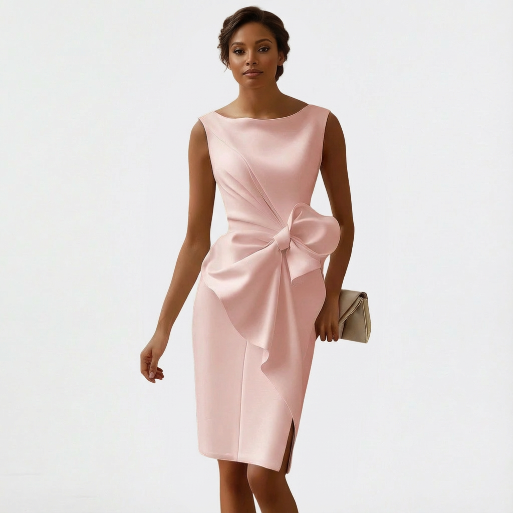 Women's Midi Satin Dress with Front Bow – Ceremony