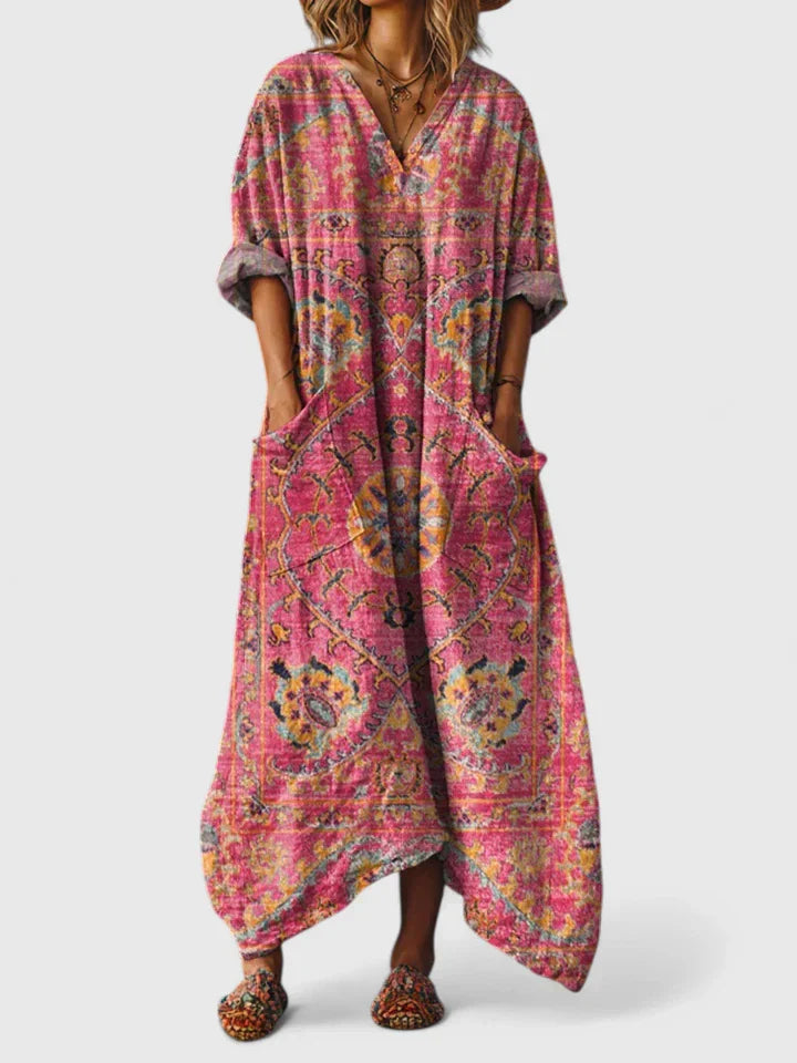 Women's Maxi Dress with Wide Fit, V-Neck, Long Sleeves
