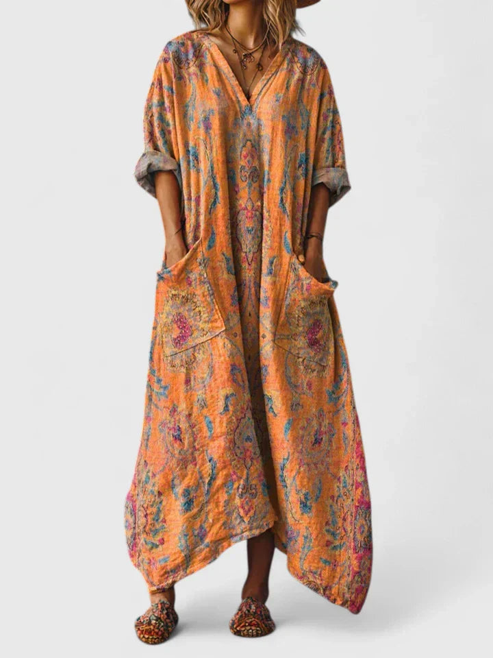 Women's Maxi Dress with Wide Fit, V-Neck, Long Sleeves