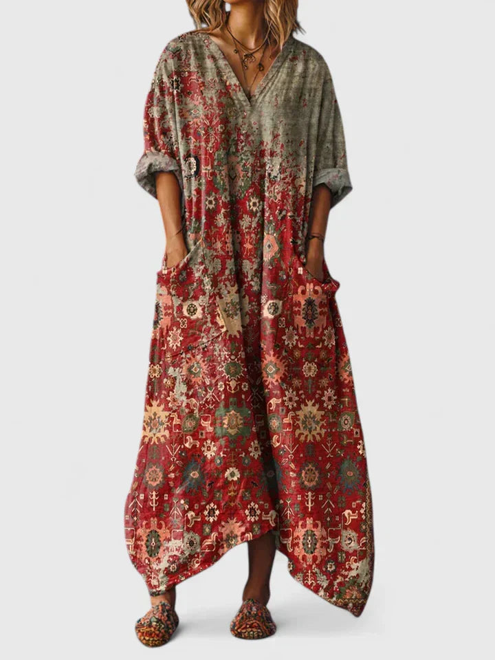 Women's Maxi Dress with Wide Fit, V-Neck, Long Sleeves