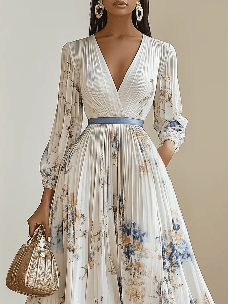 Women's Long Sleeve Floral Chiffon V-Neck A-Line Maxi Dress – Ceremony