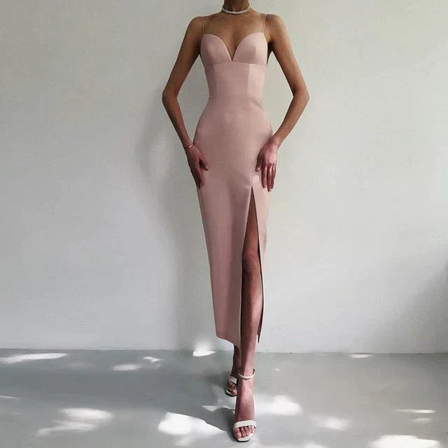 Women's Slim Fit Velvet Dress with V-Neck and Slit for Ceremonies