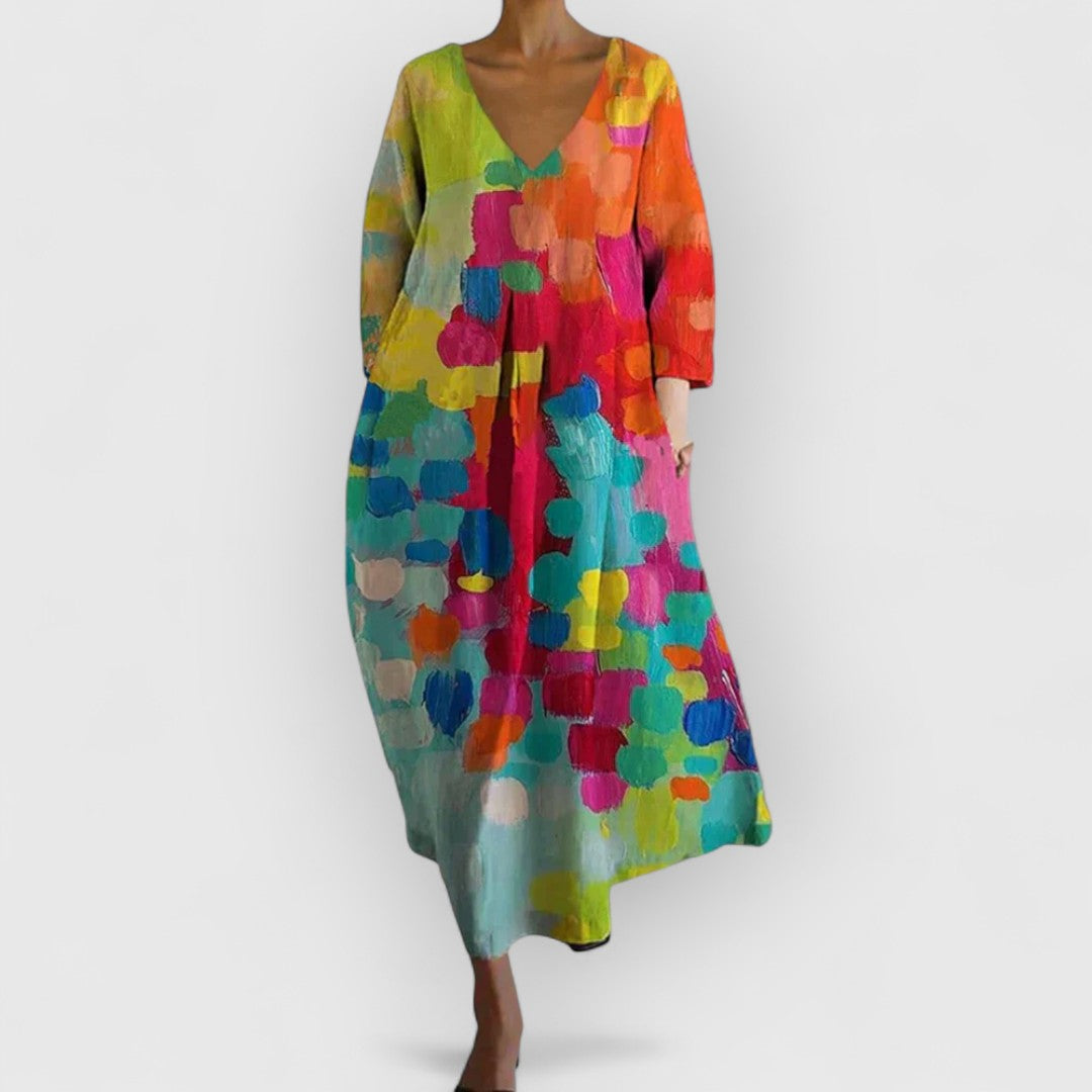 Women's Floral Velvet Dress, Loose Fit, V-Neck, Three-Quarter Sleeves