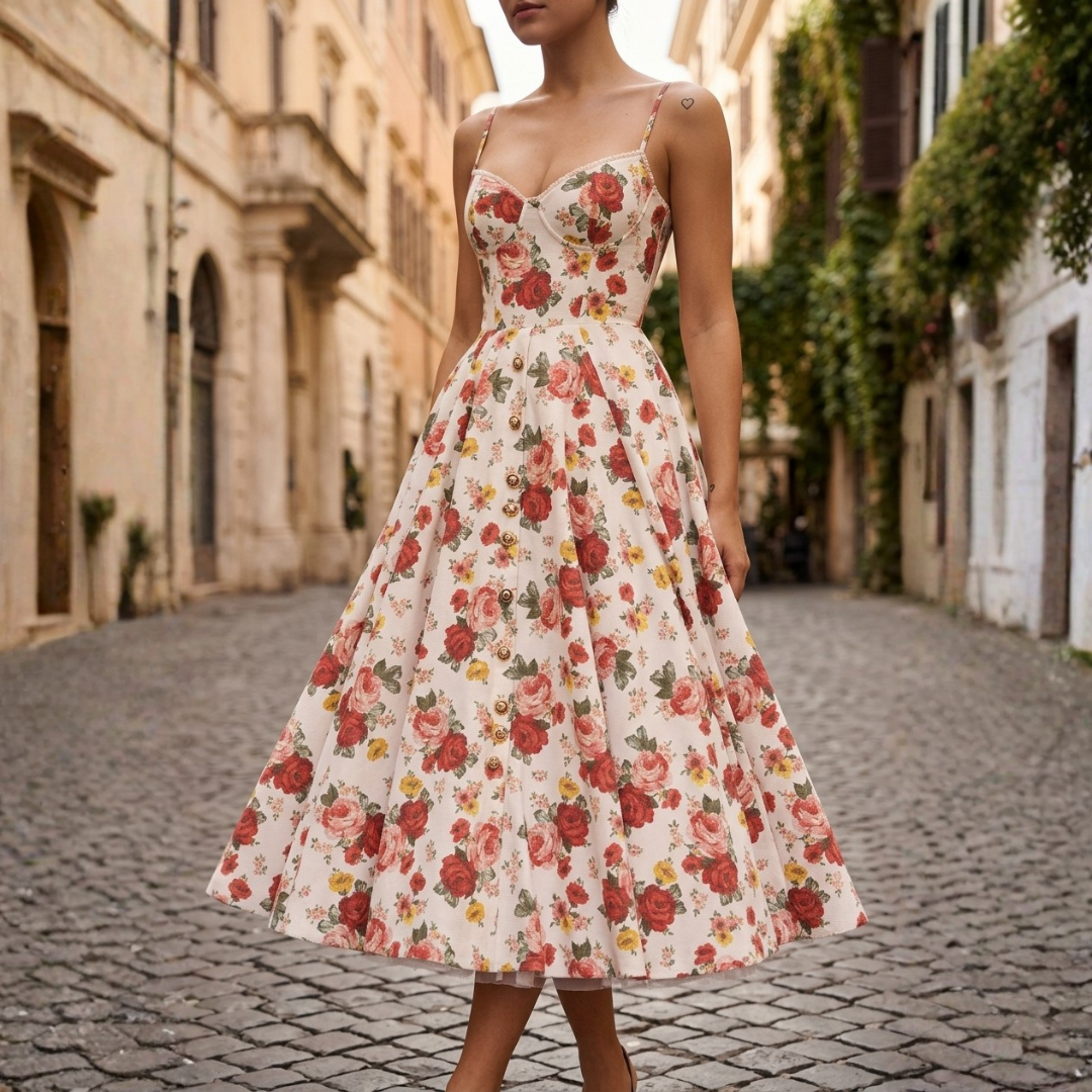 Women's Midi Dress in Satin with Structured Bodice and Straps