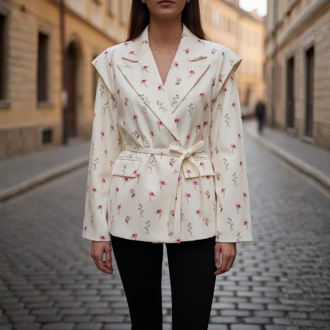 Women's Blazer Jacket with Belt and Structured Shoulders