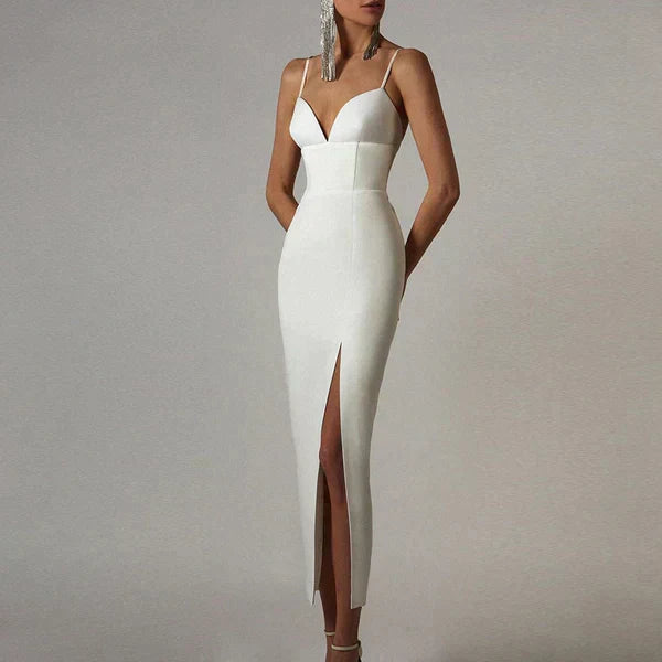 Women's Slim Fit Velvet Dress with V-Neck and Slit for Ceremonies