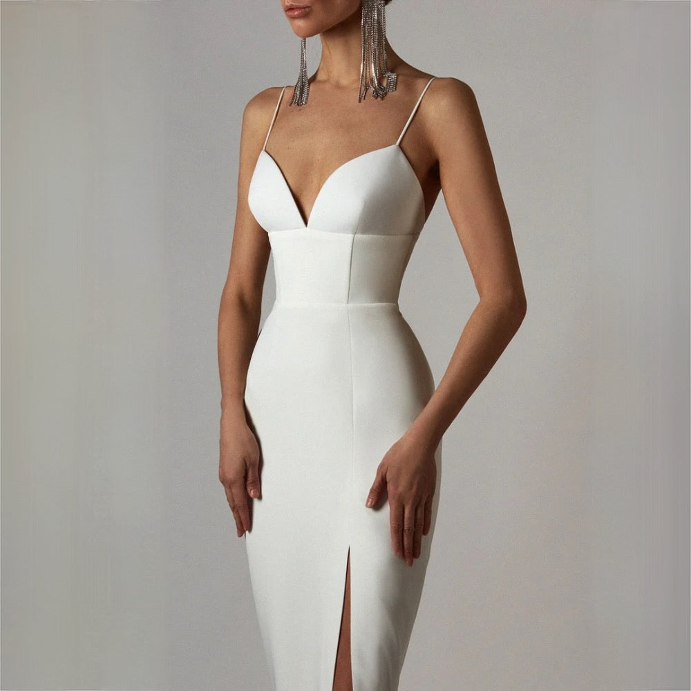 Women's Slim Fit Velvet Dress with V-Neck and Slit for Ceremonies