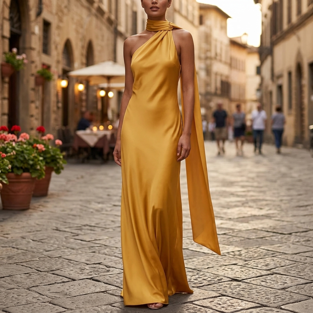 Women's Maxi Dress in Satin with American Neckline