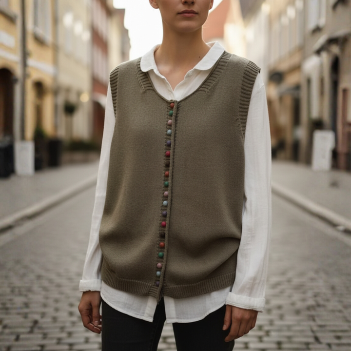 Gilet da donna a maglia in acrilico e lana con bottoni colorati