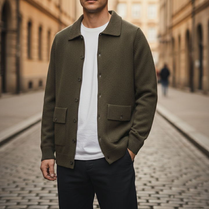 Long Sleeve Cashmere Cardigan with Buttons and Pockets for Men